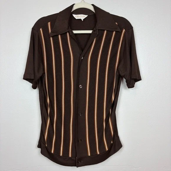 MarVista Sportswear Mens VTG Button Up Polo Shirt Sz S Short Sleeve Brown Stripe - Picture 15 of 17